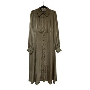 Size Large Womens Olive Green Mslan Satin Button-Up Maxi Dress